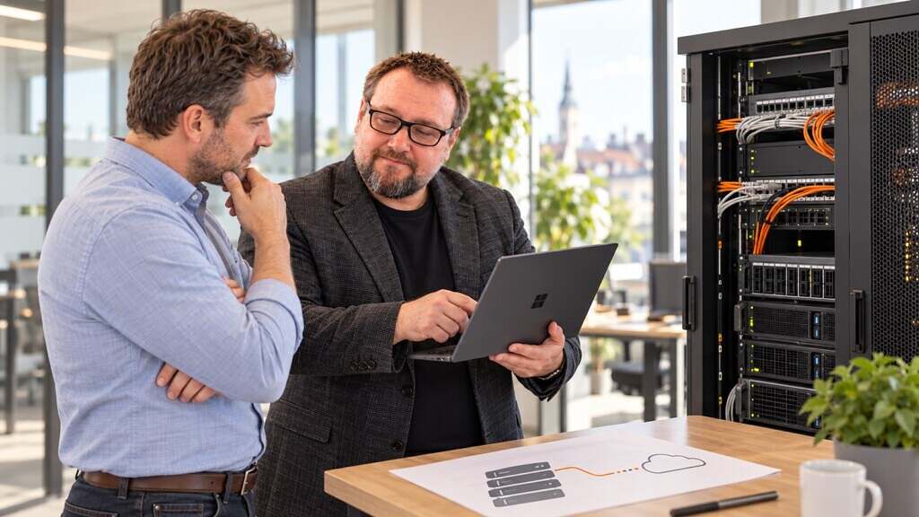 Cloud alebo vlastná infraštruktúra? Prečo je často správnou odpoveďou hybridné riešenie 5 Herbert Röblreiter vysvetľuje zákazníkovi, ako spolupracuje lokálna infraštruktúra a externé služby
