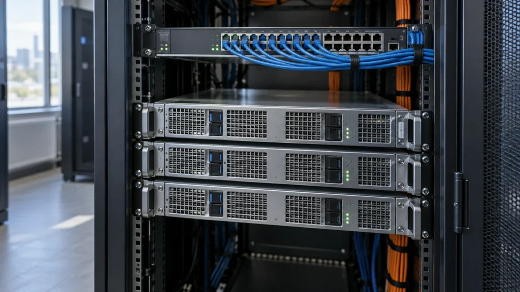 Drei Rackserver und ein Netzwerk-Switch mit angeschlossenen blauen Netzwerkkabeln.