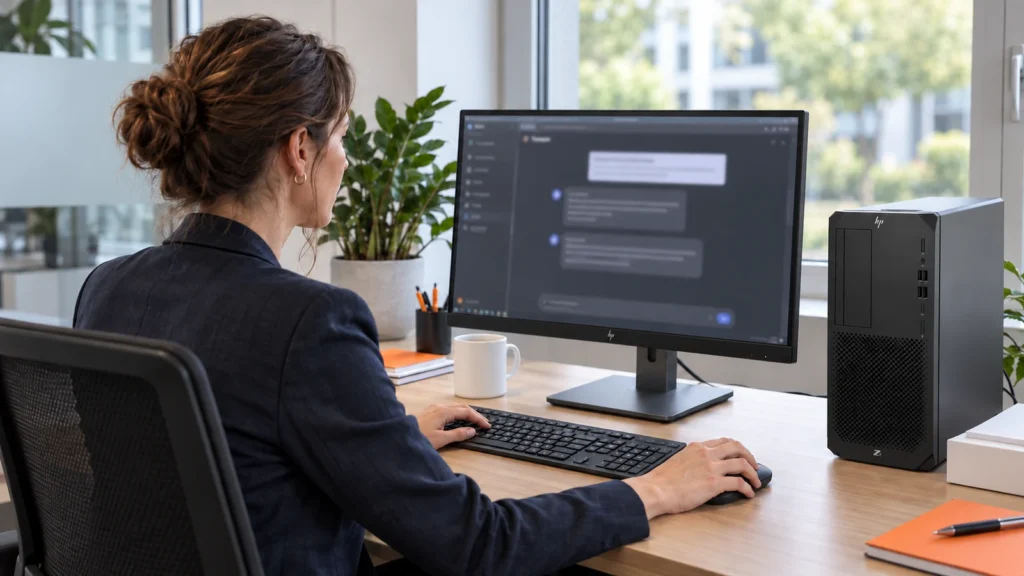 Eine Anwenderin bedient einen HP-Arbeitsplatz mit Maus und Tastatur und blickt auf den lokalen KI-Chat.