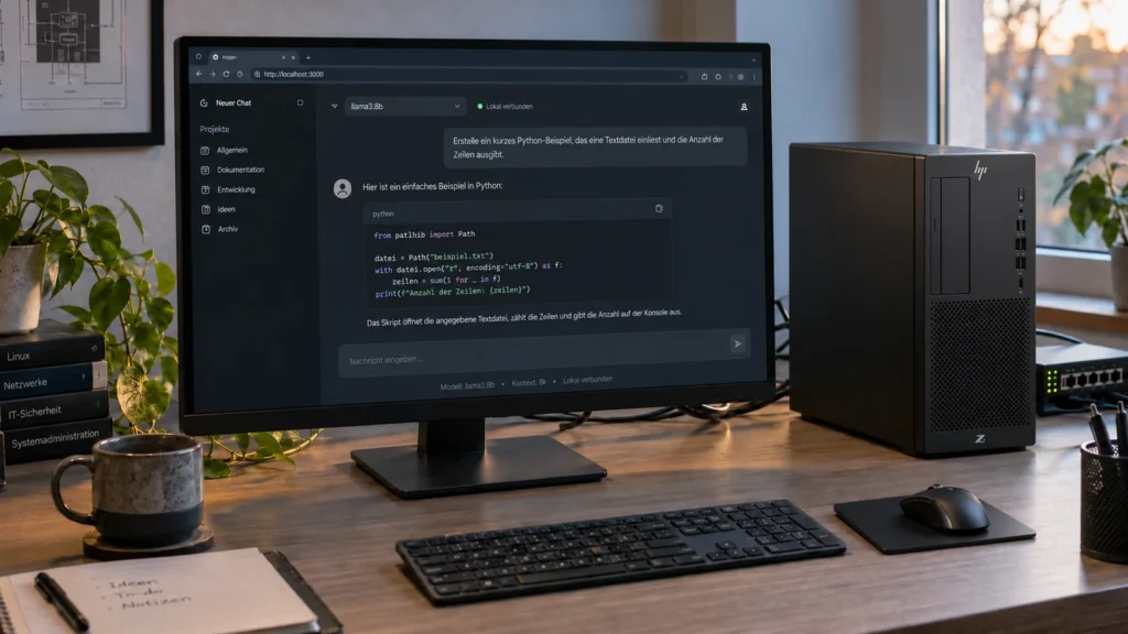 Lokaler KI-Chat am Monitor, HP-Workstation sowie vollständig eingerichteter Arbeitsplatz mit Tastatur und Maus.