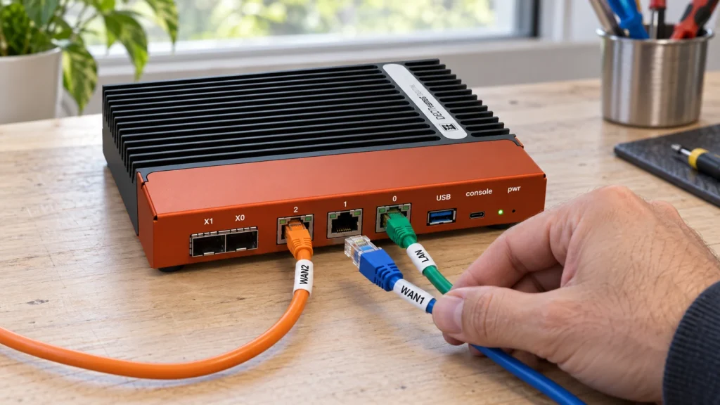 An einer orangefarbenen OPNsense-Appliance ist WAN1 abgezogen, während WAN2 und LAN mit beschrifteten Ethernetkabeln verbunden bleiben.