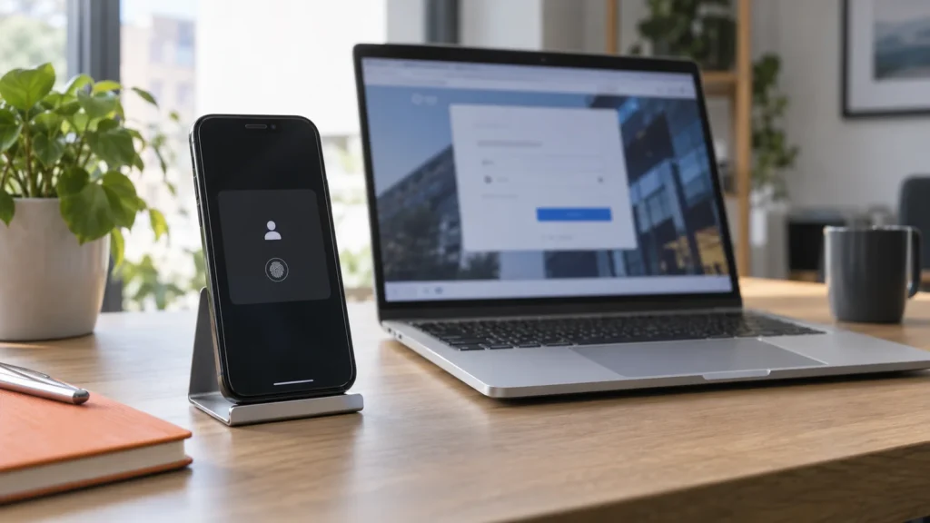 Smartphone im Tischständer neben einem geöffneten Notebook mit Anmeldeansicht.