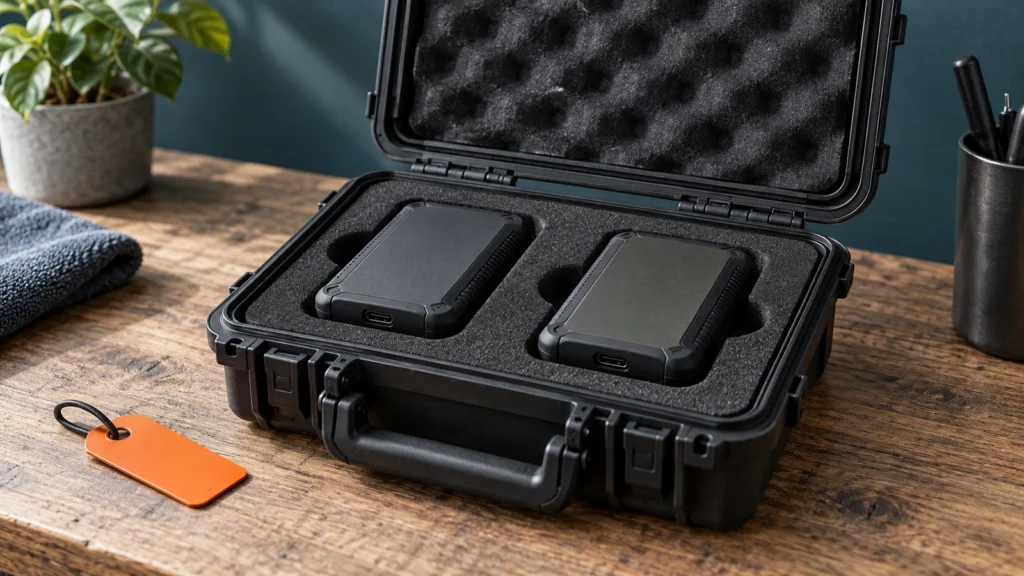 Proxmox Backup Server: Verify, Aufbewahrung und Restore erfüllen verschiedene Aufgaben 5 Zwei portable Speichermedien geschützt in einem geöffneten Transportkoffer.