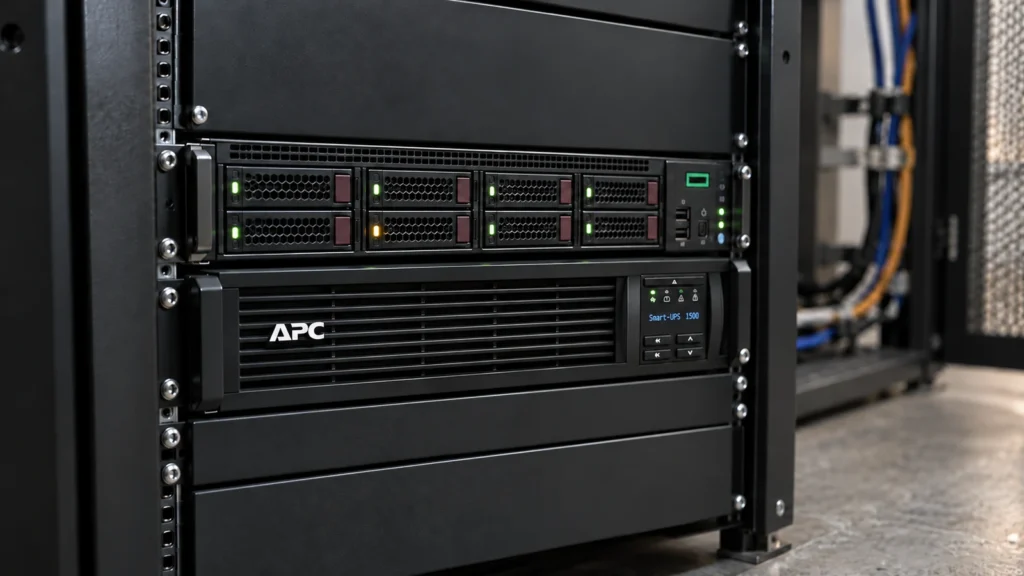 Zabbix: Ein Alarm hilft erst, wenn klar ist, wer was tun soll 4 HPE-Rackserver mit Laufwerksanzeigen über einer APC-USV im Serverschrank.